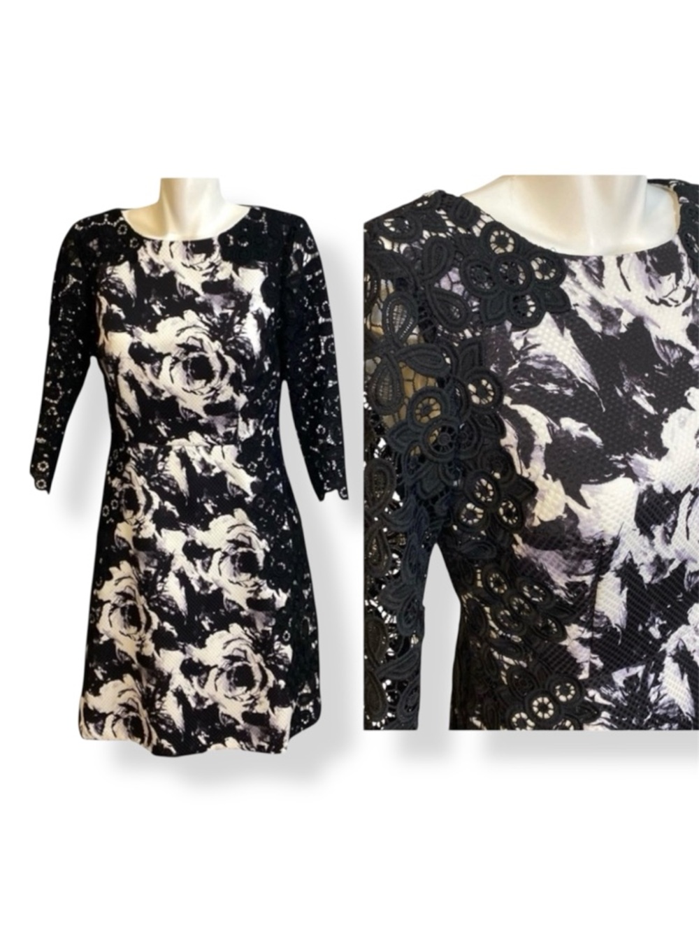 Tahari Structured Fit Flare Floral Lace Dress Sleeves Black White Purple Slim